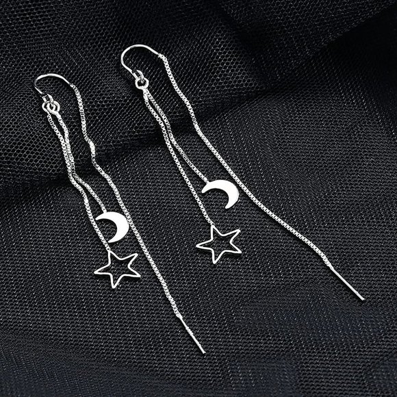 Silver Moon Star Threader Long Tassel Earring Chain, Drop Dangle Woman Earrings - Picture 6 of 8